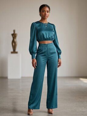 NWT | Teal Satin 2-Piece Outfit | Lantern Sleeve Crop Top | Wide Leg | Medium